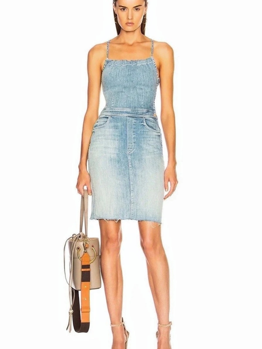 MOTHER The Back Midi Dress Denim Mini Dress Blue